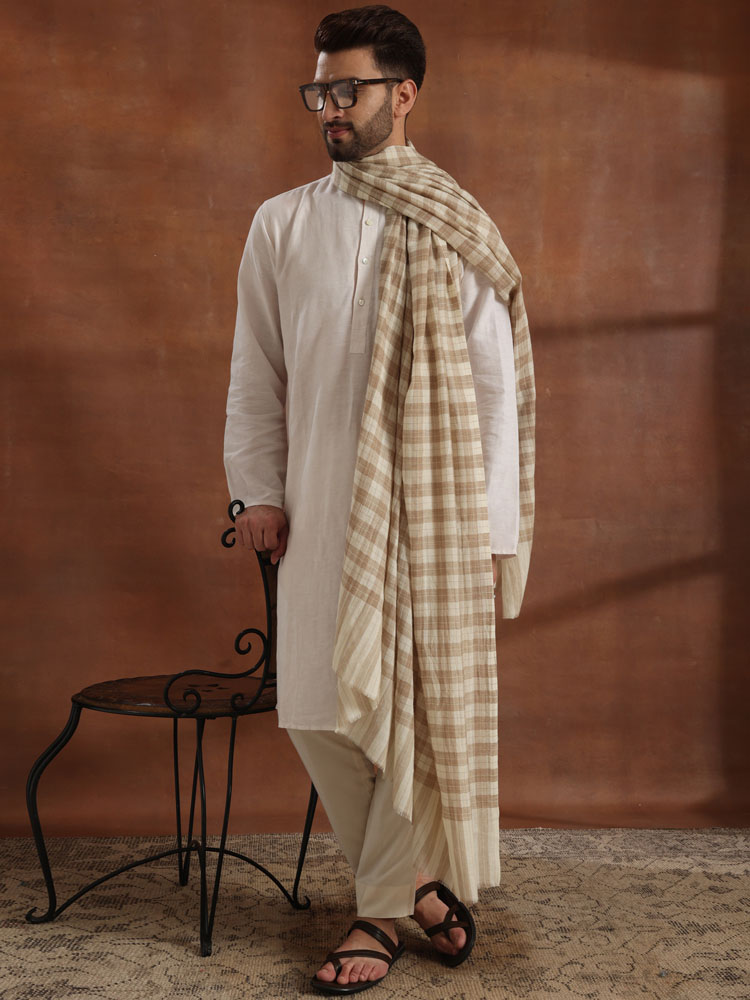 Madras Check Pure Wool Mens Shawl - White, Sand