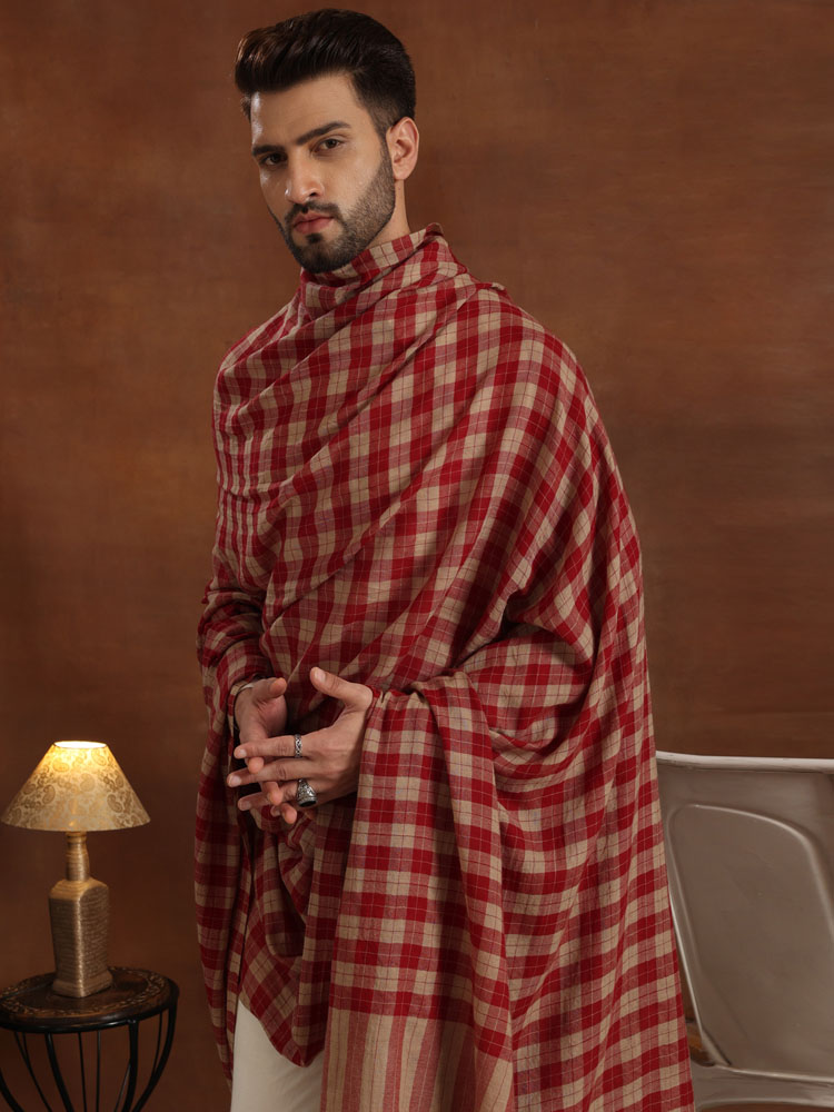 Madras Check Pure Wool Mens Shawl - Hibiscus Red