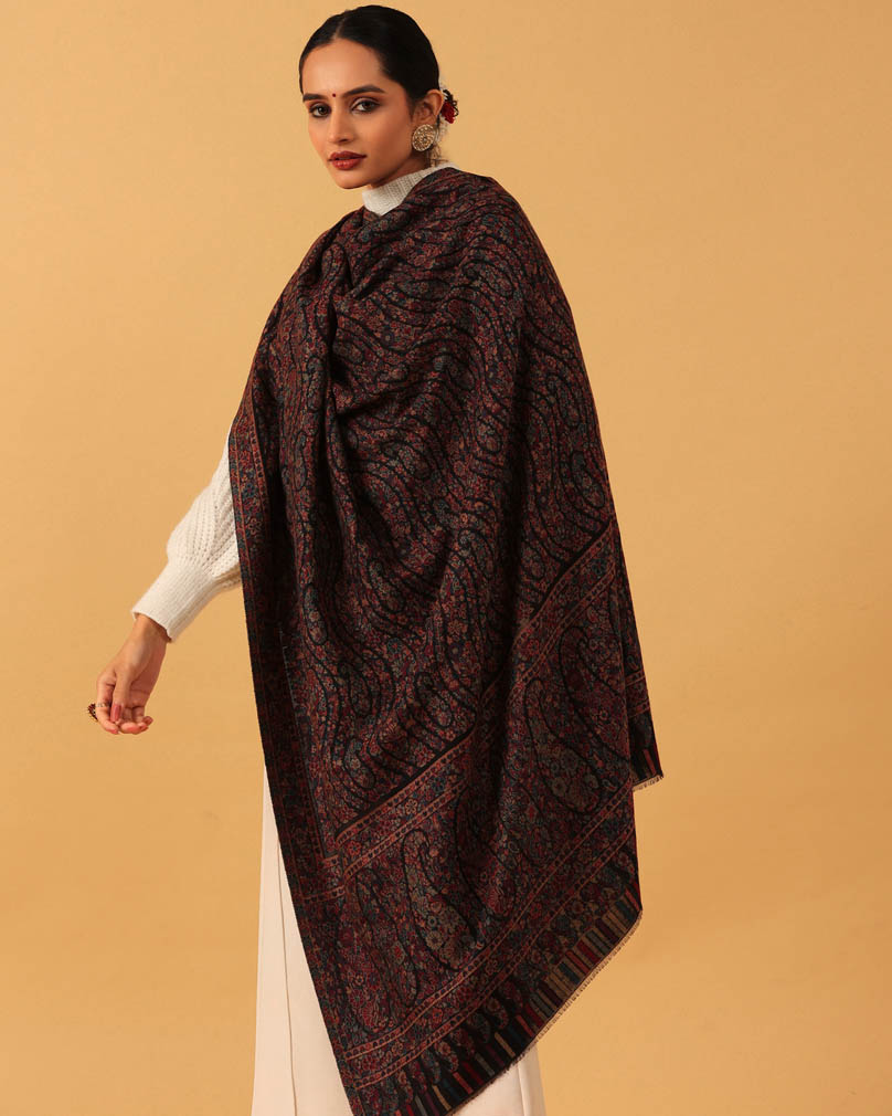 Paisley Weave Kani Wool Shawl - Heritage Black