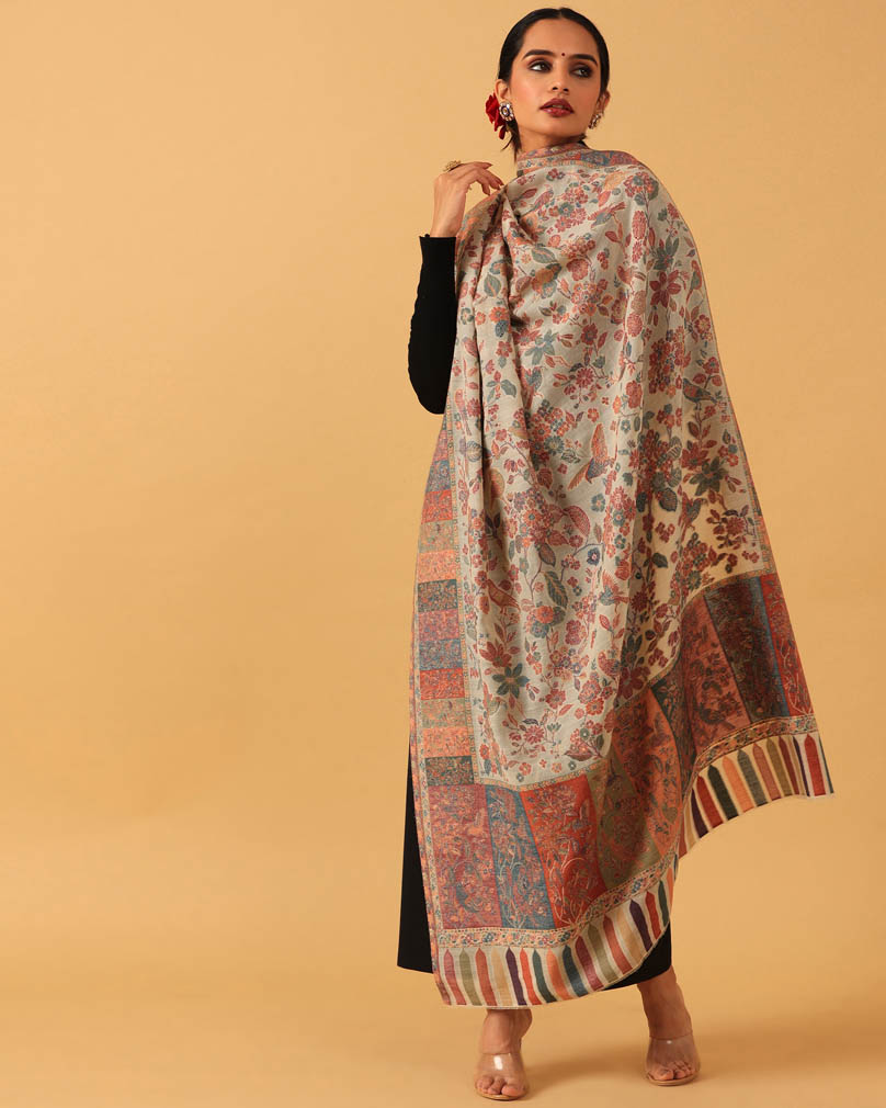 Masakali Kani Weave Shawl with Zari - Natural Beige, Multi
