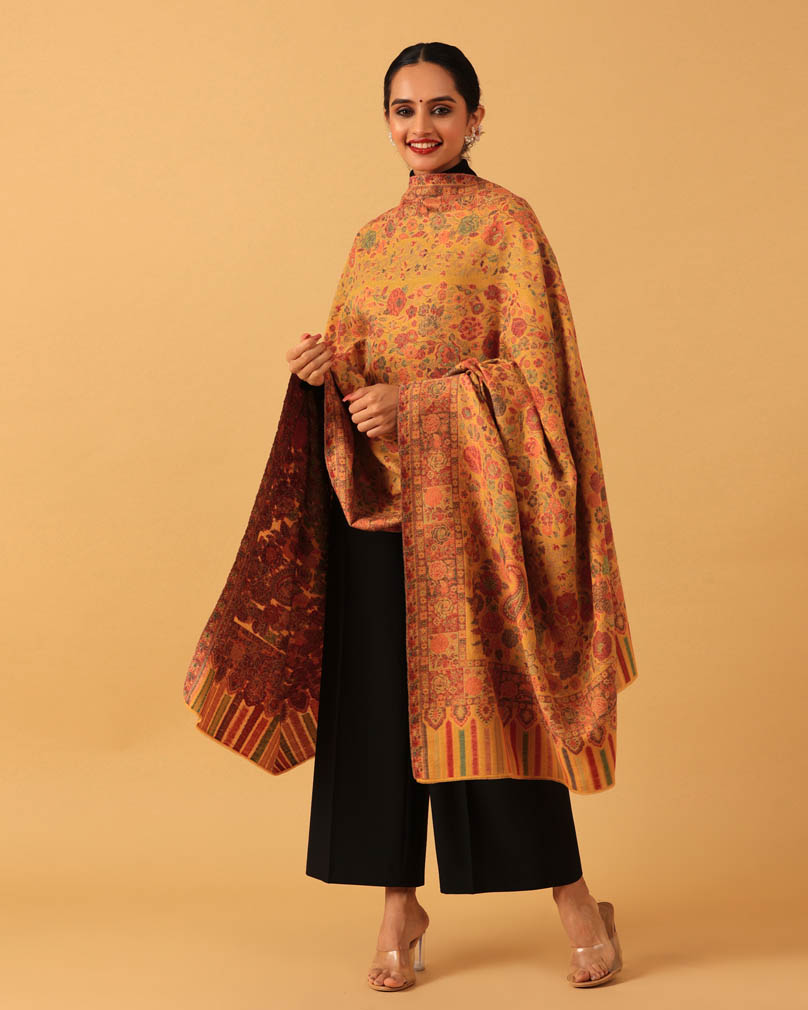 Gul Jama Kani Weave Shawl -Saffron Yellow