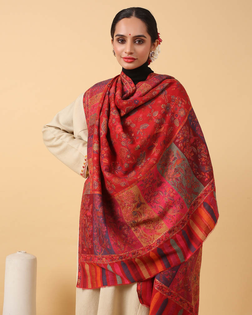 Masakali Kani Weave Shawl with Zari - Red, Multi