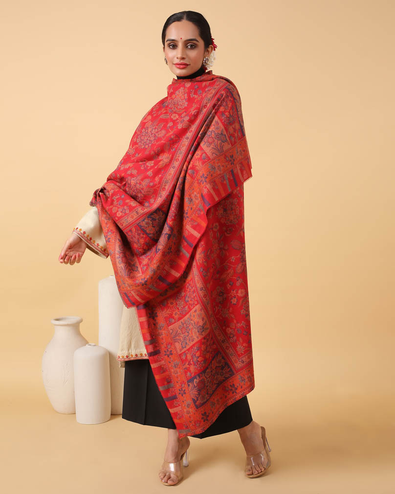 Falak Jaal Kani Weave Shawl - Hibiscus Red