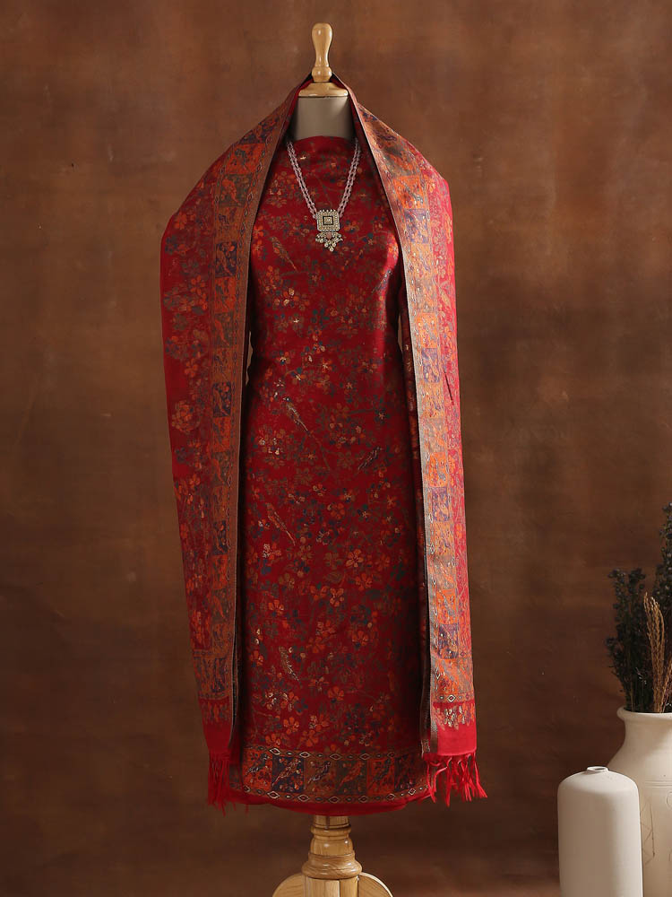 Masakali Jaal Chanderi Unstitched Suit - Cranberry Red