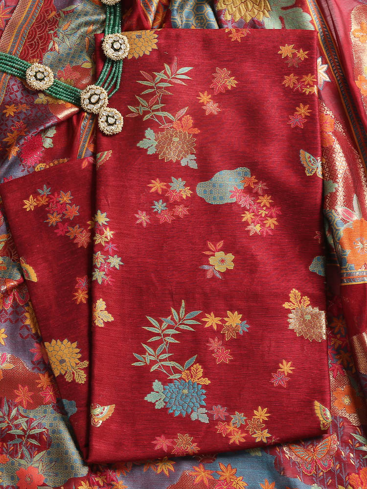 Raw Silk Floral Suit Set - Maroon, Multi