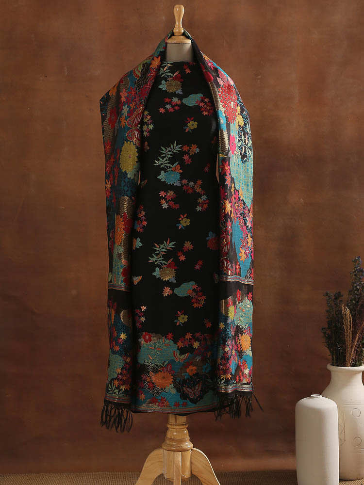 Raw Silk Floral Suit Set - Royal Black