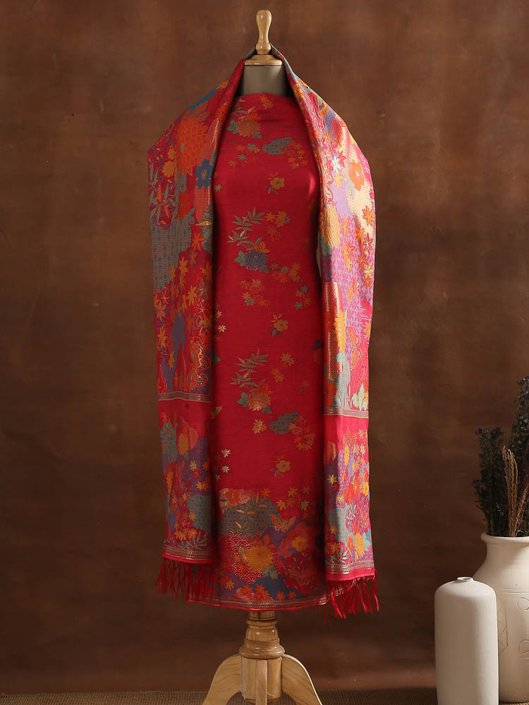 Raw Silk Floral Suit Set - Lotus Pink