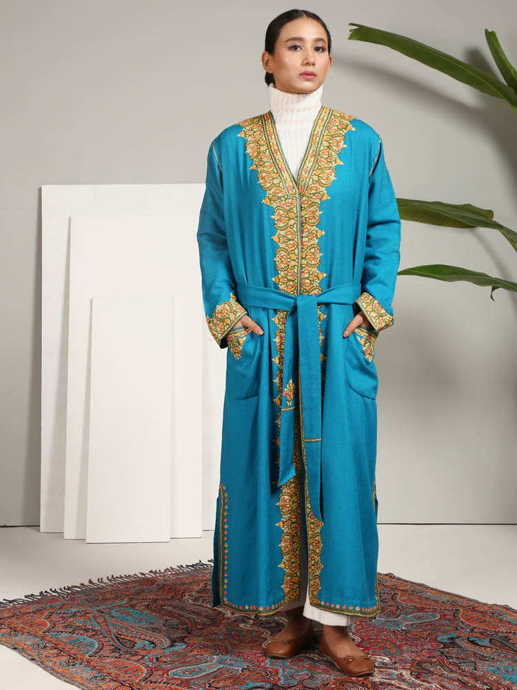 Ari Embroidery Pure Wool Dressing Gown - Firozi Blue