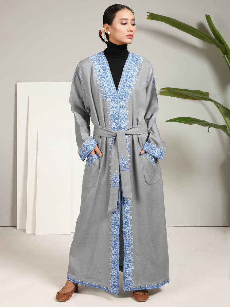 Ari Embroidery Pure Wool Dressing Gown - Cobalt Grey