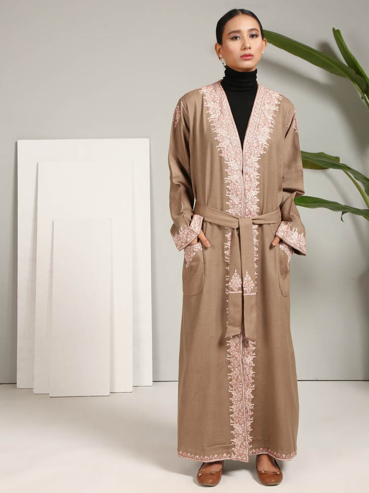 Ari Embroidery Pure Wool Dressing Gown - Camel Ecru