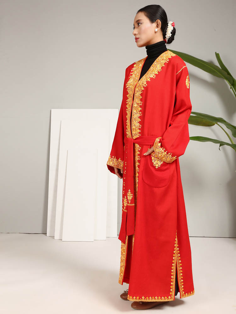 Ari Embroidery Pure Wool Dressing Gown - Red Merigold