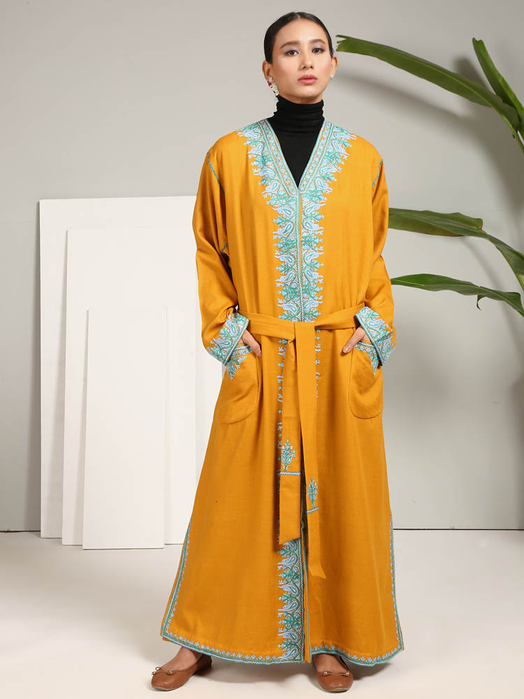 Ari Embroidery Pure Wool Dressing Gown - Sunset Gold