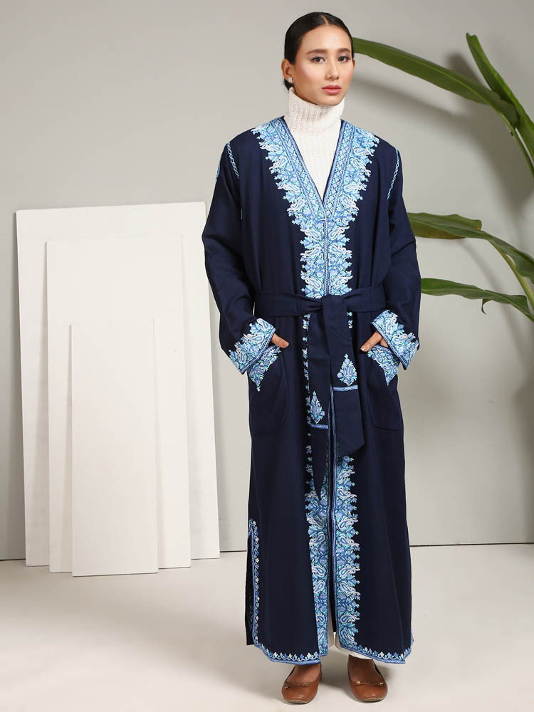 Ari Embroidery Pure Wool Dressing Gown - Turquoise Navy