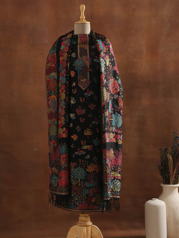 Raw Silk Phool Battakh Buteh Suit - Black, Multi